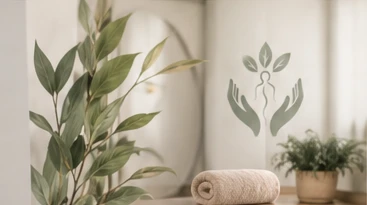 Behandlungsraum mit Pflanzen, gerolltem Handtuch und dem Logo an der Wand